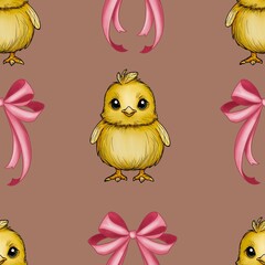 Seamless Pattern Cute Chick and Bow Big Design on Mocha Mousses Background