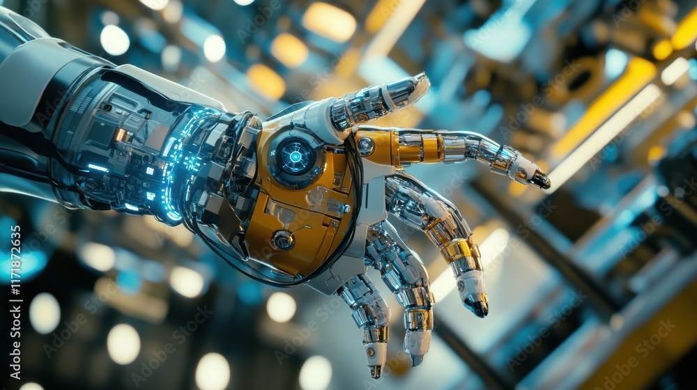 Poster advanced robotic arm, featuring glowing blue lights and metallic joints, extending its index finger 