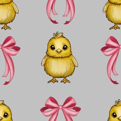 Seamless Pattern Cute Chick and Bow Big Design on Gray Background