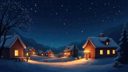 A peaceful snowy village under a starry night sky, with warmly lit houses and glowing menorahs, creating a serene and festive winter atmosphere. Generative, AI,