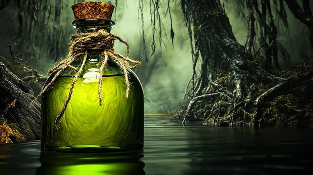 Mysterious green potion bottle resting on dark water in an eerie, foggy forest at twilight