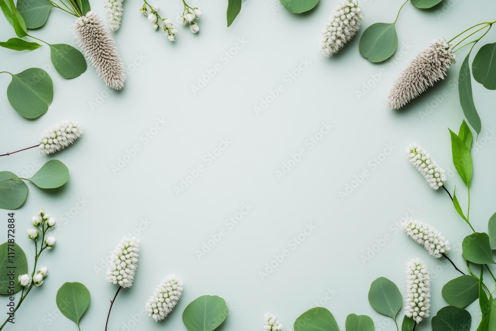 Aufkleber spring flower frame on a blue background with copy space in a flat lay mock up