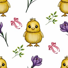 Seamless Pattern Cute Chick and Purple Crocuses with Leaves and Bow Big Design on White Background
