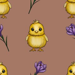 Seamless Pattern Cute Chick with Purple Crocuses Big Design on Mocha Mousses Background