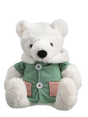 a stuffed toy, a teddy bear in a corduroy jacket