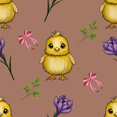 Seamless Pattern Cute Chick and Purple Crocuses with Leaves and Bow Big Design on Mocha Mousses Background