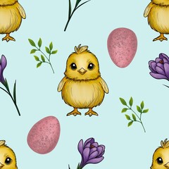 Seamless Pattern Cute Chick and Purple Crocuses with Leaves and Pink Eggs Big Design on Blue Background