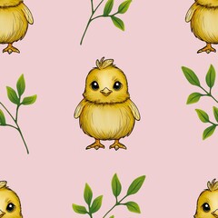 Seamless Pattern Cute Chick and Leaves Big Design on Pink Background