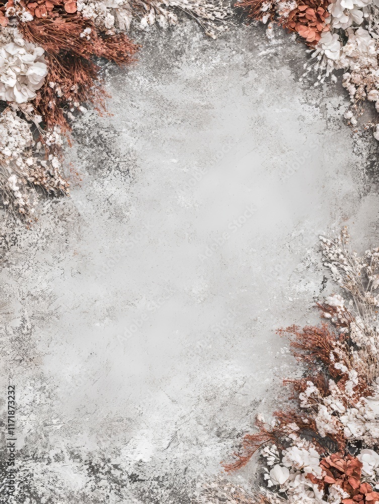 Poster horizontal top view of an empty card adorned with abstract organic flowers blossoming on a white bac
