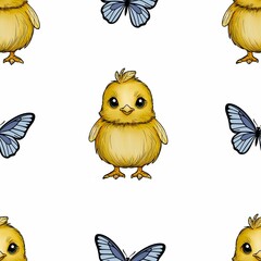 Seamless Pattern Cute Chick and Butterfly Big Design on White Background