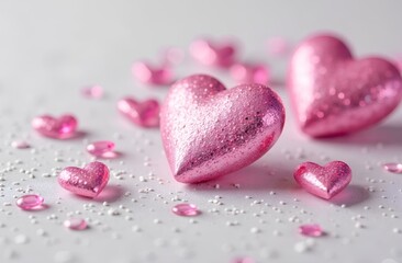 Obraz premium Pink glitter hearts of different sizes on a white glitter background with gray bokeh