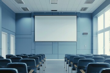 Modern conference room equipped with projection screen and chairs, ideal for business meetings and presentations