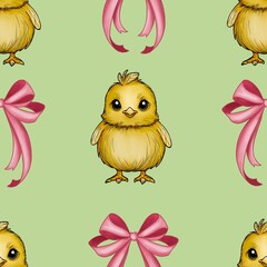 Seamless Pattern Cute Chick and Bow Big Design on Green Background
