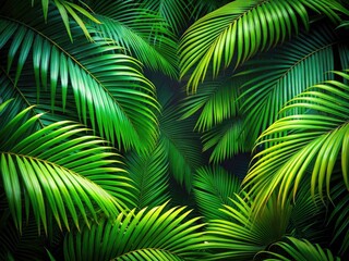 Vibrant green palm foliage explodes against a deep, shadowy tropical background, a photogenic paradise.