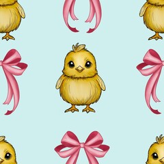 Seamless Pattern Cute Chick and Bow Big Design on Blue Background