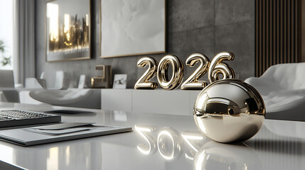 Small modern "2026" sign placed on a sleek office table with bright white gold and silver tones symbolizing innovation progress and futuristic vision with empty caption space for customization

