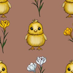 Seamless Pattern Cute Chick with White and Yellow Crocuses Big Design on Mocha Mousses Background