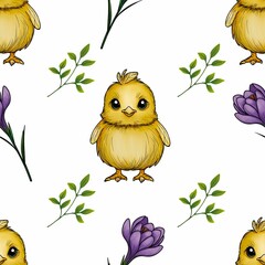 Seamless Pattern Cute Chick and Purple Crocuses with Leaves Big Design on White Background