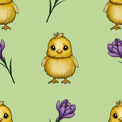 Seamless Pattern Cute Chick with Purple Crocuses Big Design on Green Background