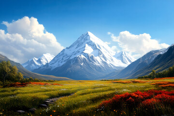 Fototapeta premium A stunning mountain landscape featuring snow-capped peaks, lush green valleys, and vibrant wildflowers under a bright blue sky.