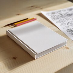Softcover blank book on a wooden desk with pencils
