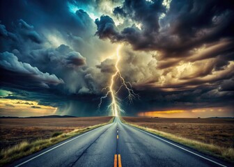 Vintage storm.  Road vanishes into a dramatic, horizon-bound landscape.
