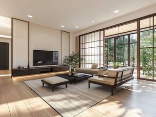 Fototapeta premium A modern home's living room features a Japanese-inspired interior design with minimalist furniture, shoji screens, and traditional tatami mats, creating a serene and harmonious space 