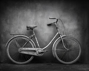 Obraz premium Rusty vintage bicycle leaning against a grunge wall.