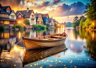 Fototapeta premium Wooden boat on tranquil waters, charming houses softly blurred, reflecting peaceful beauty.