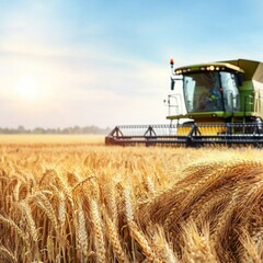 Fototapeta premium Combine harvesters enhance farming yields. Harvesting wheat with a combine in a golden field under a clear sky.