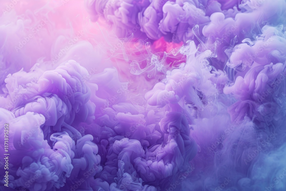 Poster colorful ink swirling in water creating abstract shapes with a beautiful gradient from purple to pin