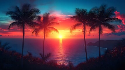 Naklejka premium Vibrant sunset over ocean with three silhouetted palm trees.