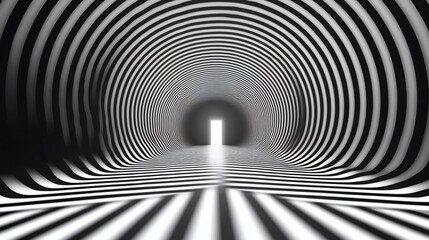 Abstract black and white striped tunnel leading to light.