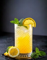 Lemon juice cocktail with mint leaves and lemon slices on a dark background