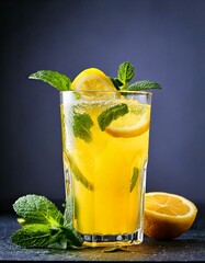 Lemon juice cocktail with mint leaves and lemon slices on a dark background