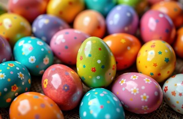 Colorful Easter eggs piled on surface. Many vibrant eggs decorated with colorful patterns, flowers. Spring Easter celebration theme clearly visible. Decorations intricate, detailed creating festive