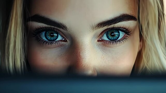 Captivating close-up of expressive blue eyes highlighting focus and attention in a quiet workspace setting