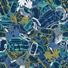 Vector blue seamless chaotic overlap doodle sketch pattern with objects for trekking and hiking on blue background. Suitable for textile, wallpaper and trekking brochures.