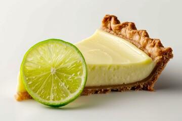 Key lime pie slice resting near a lime wedge on a white background