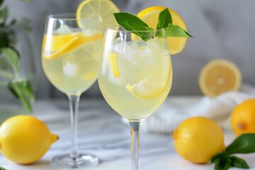Two elegant wine glasses brimming with refreshing cold lemon cocktail, garnished with mint and lemon slices