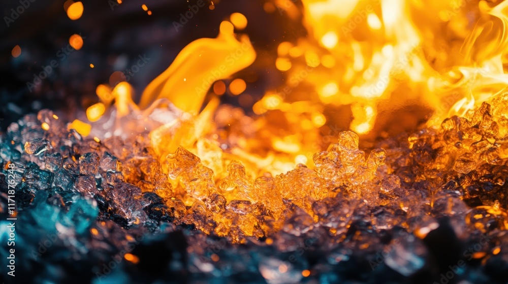 Poster orange flames are burning over wet ice crystals, creating a stunning visual contrast and abstract sh