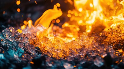 Orange flames are burning over wet ice crystals, creating a stunning visual contrast and abstract shapes, with a shallow depth of field emphasizing the interplay of fire and ice