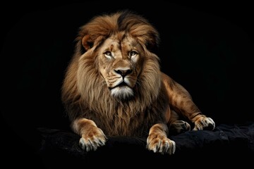 Fototapeta premium Studio shot of a magnificent lion lying down on a black background, emanating strength and regality