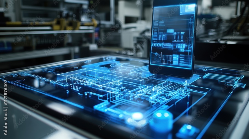 Poster futuristic smartphone projecting a holographic blueprint over an interactive touchscreen table, high