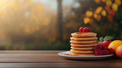 Delicious pancakes stacked high with fresh raspberries and fruits, perfect for breakfast.