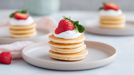 Delicious pancakes stacked high with fresh strawberries and cream, perfect for breakfast or dessert.