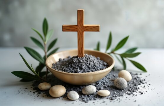 Ash Wednesday concept. Wooden cross placed on ash. Religious symbol of sacrifice, redemption of Jesus Christ. Gray ash in bowl. Olive branches, small stones around bowl. Spiritual, holy scene.