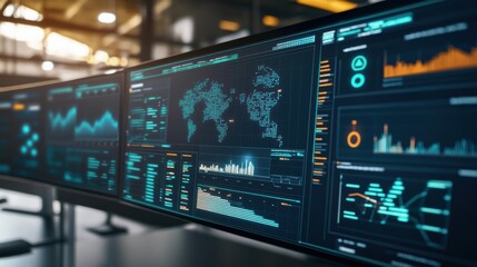 Multiple computer screens displaying global business data analysis and charts in a modern office environment, suggesting a high tech and data driven approach to international business