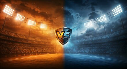 Vibrant cricket event template displaying a stunning stadium atmosphere, with bright lights and a central ‘VS’ logo, perfect for social media posts and marketing for cricket competitions.