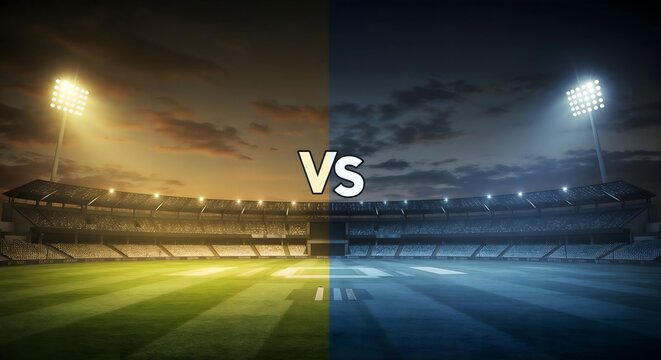 Cricket match announcement template with a dramatic stadium backdrop, showcasing bright lights and a captivating ‘VS’ graphic, designed to attract attention to your sports events on social media.